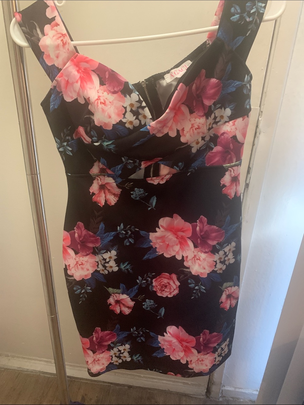 a'gaci Black Mini Dress with Pink Floral Print